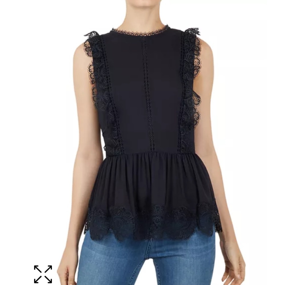 Ted Baker Elegant Blue Omarri Lace-Trimmed Peplum Top Sz 2(6-8)